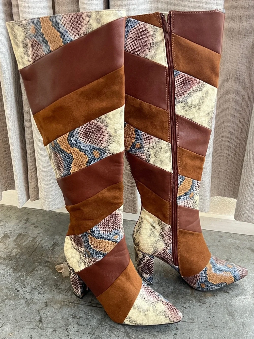 Knee High Patchwork Snake Print Brown Faux Leather Heeled Boots Women’s 7.5